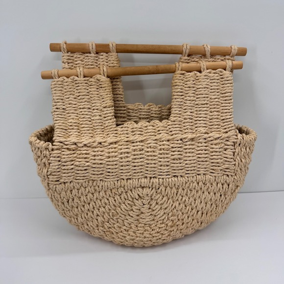 Woven Straw Tote Bag Half Moon Wooden Handle Beige Boho Summer Handbag Unbranded - Picture 2 of 12